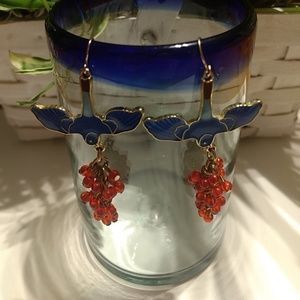 Blue red sparrow gold enamel earrings bird pinup